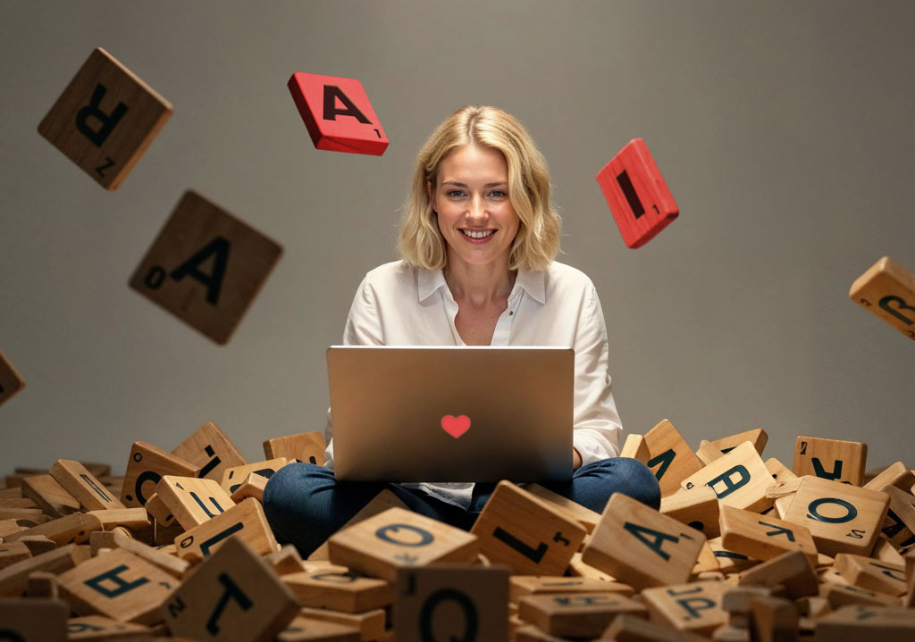 meisje met laptop tussen zwevende letters