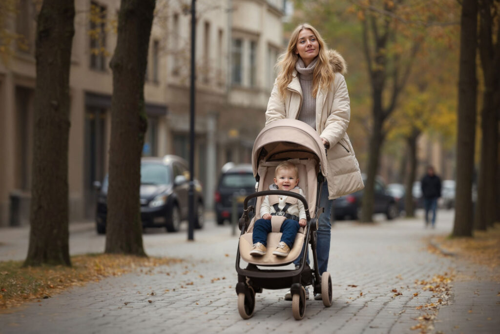 Vrouw loopt met Mamoa kinderwagen door een straat in Parijs