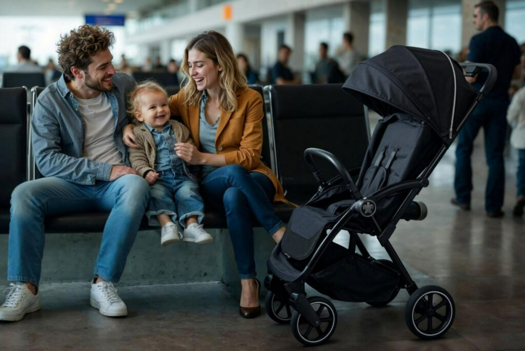 Gezin op airport met Mamoa kinderwagen