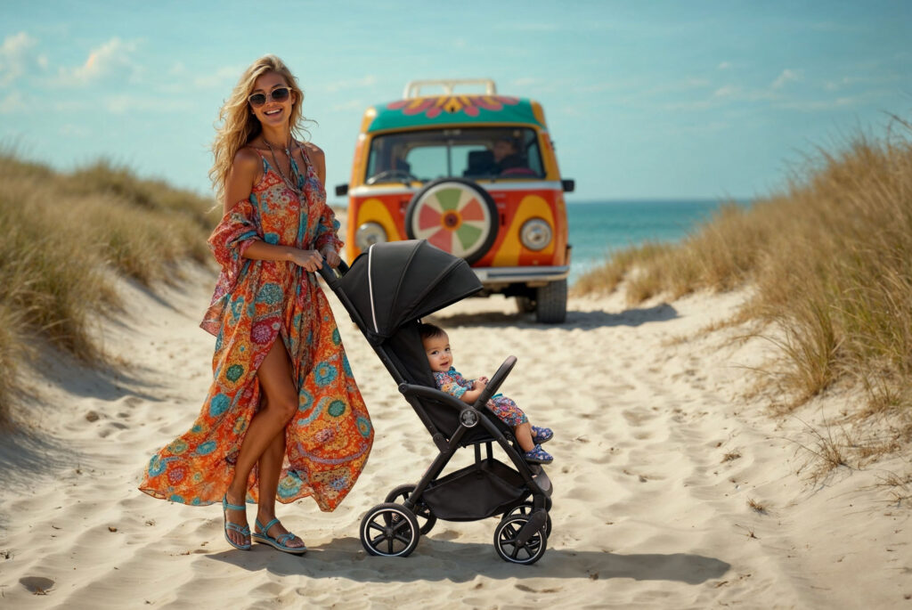 Hippy met Mamoa kinderwagen op het strand