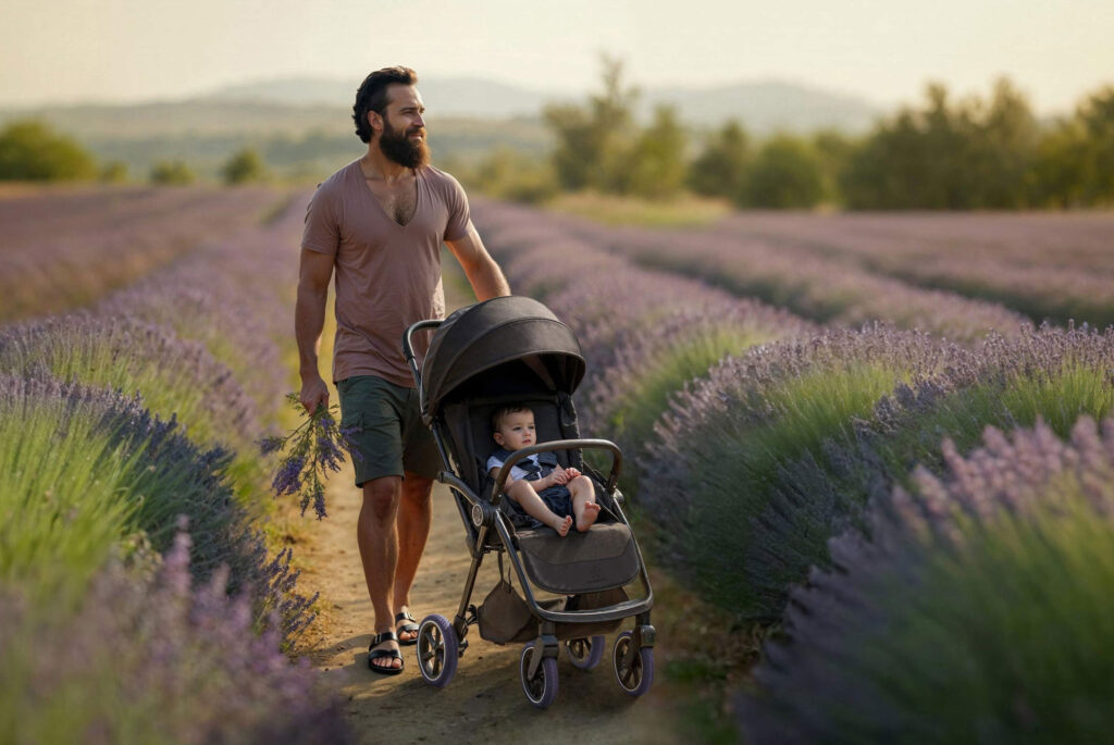 Man met Mamoa kinderwagen door Lavendel veld