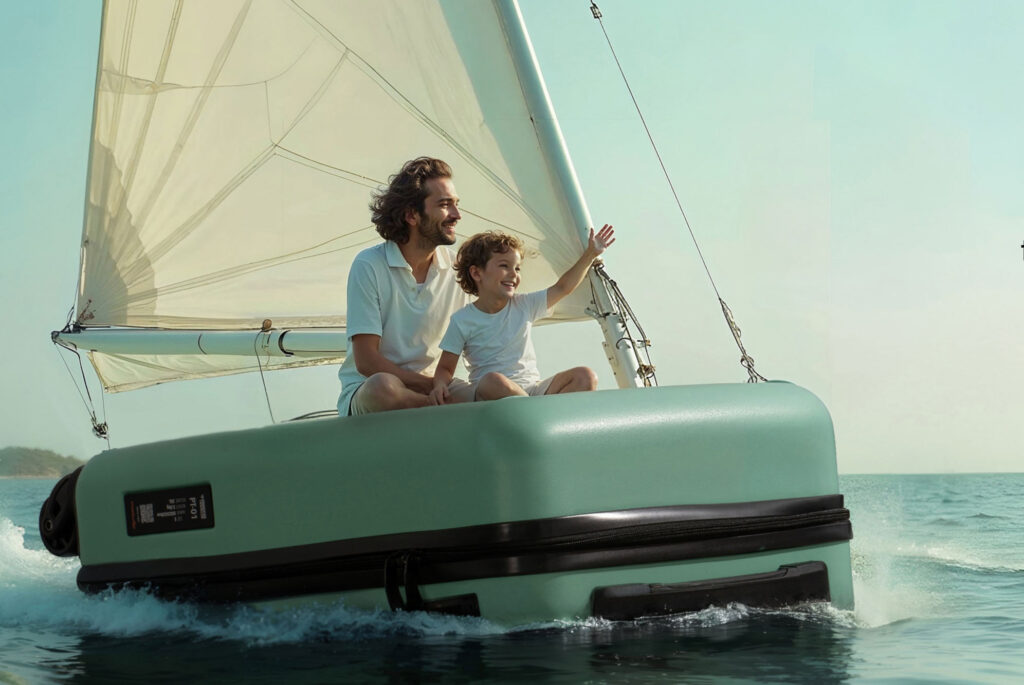 Princess Traveler, de koffer als zeilboot met twee mensen er op.