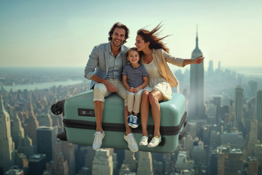 Princess Traveler. De koffer als vliegtuig met mensen op de koffer.