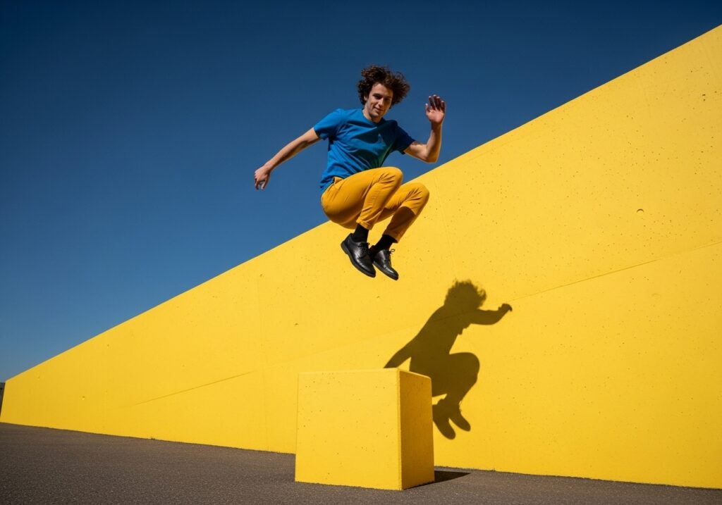 a man jumps over a yellow cube