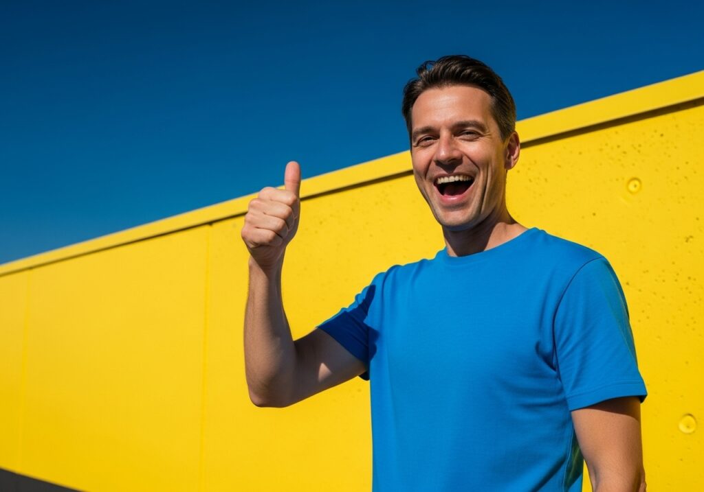man houd duim omhoog voor een gele muur