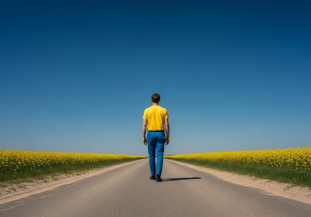 man die weg loopt over een weg tussen gele bloemenvelden